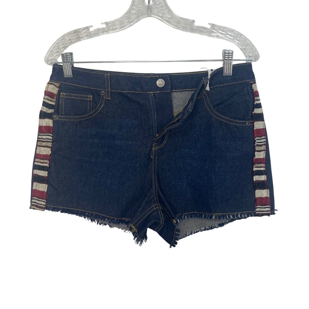 Denim Co Dark Wash Jean Shorts Woven Side Stripe Frayed Hem Size 6 Indigo